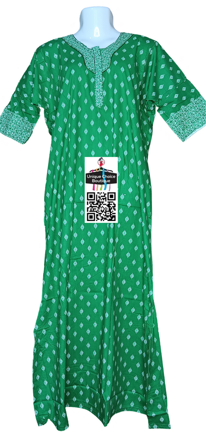 UNIQUE CHOICE 3/4 th Long Sleeves Cotton Nighty, Nightgown-Green and White Printed, Zip Nighty