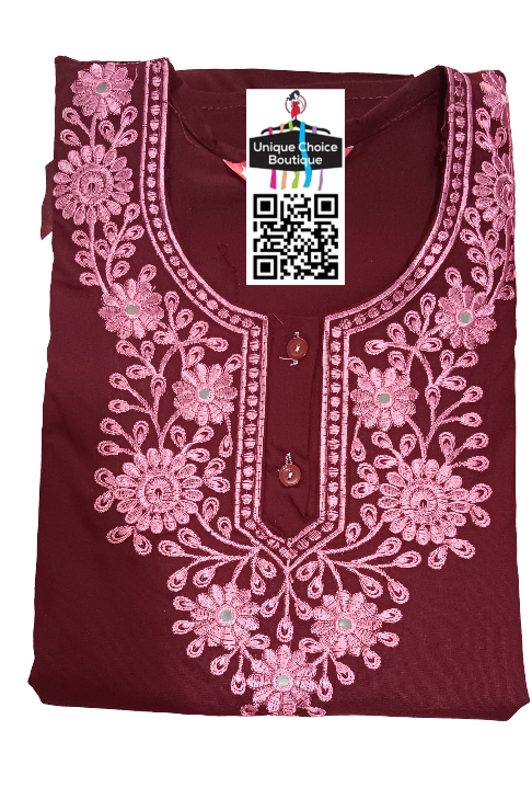 Plain Pure Cotton Nighty, Button Nighty, Embroidery Neck, Premium Quality- Maroon