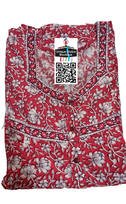 3XL Size-Plus Size-Pure Cotton Nighty, Nightgown, Button Nighty-Red and white-Floral