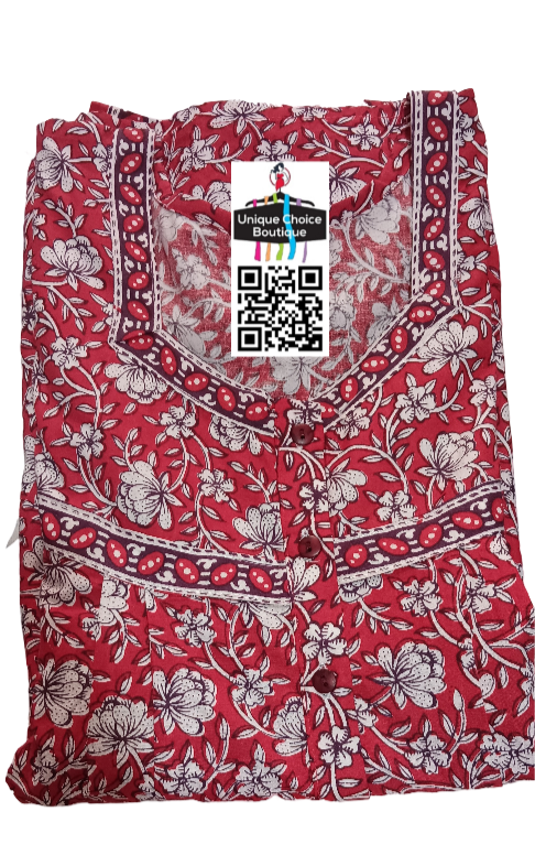 3XL Size-Plus Size-Pure Cotton Nighty, Nightgown, Button Nighty-Red and white-Floral