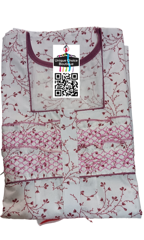 White Pure Cotton Nighty with Maroon, Zip Nighty, Premium Quality-Floral Printed