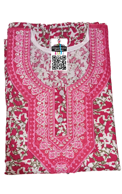 Pink and white Pure Cotton Batik Nighty, Button Nighty, Embroidery Neck Nighty, Premium Quality-Printed