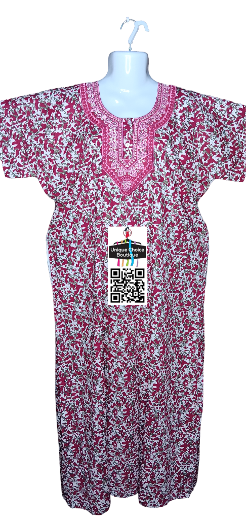Pink and white Pure Cotton Batik Nighty, Button Nighty, Embroidery Neck Nighty, Premium Quality-Printed