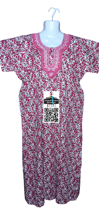 Pink and white Pure Cotton Batik Nighty, Button Nighty, Embroidery Neck Nighty, Premium Quality-Printed