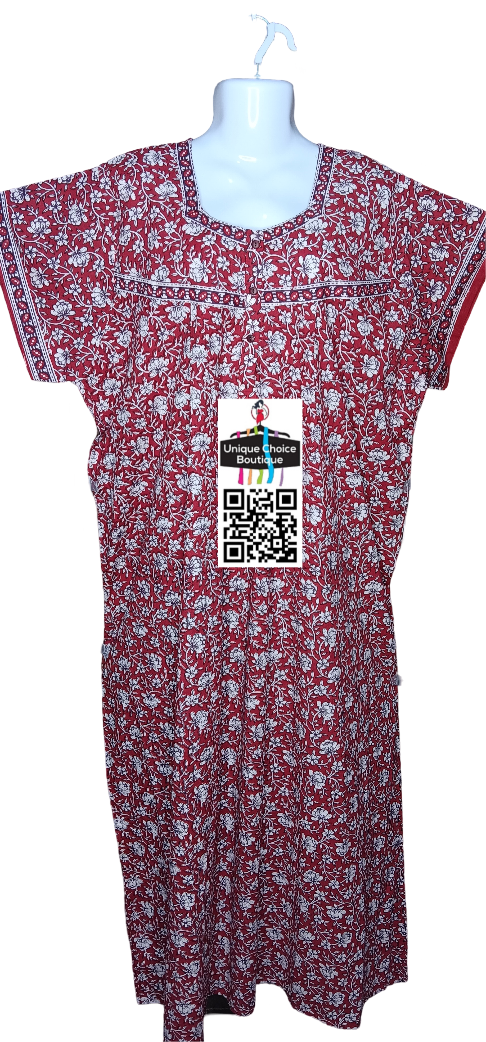 3XL Size-Plus Size-Pure Cotton Nighty, Nightgown, Button Nighty-Red and white-Floral