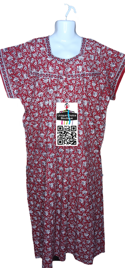 3XL Size-Plus Size-Pure Cotton Nighty, Nightgown, Button Nighty-Red and white-Floral