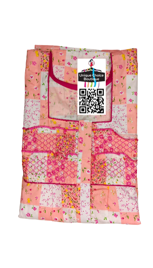 Pure Cotton Nighty White with Light Pink, Zip Nighty, Floral Printed-Premium Quality