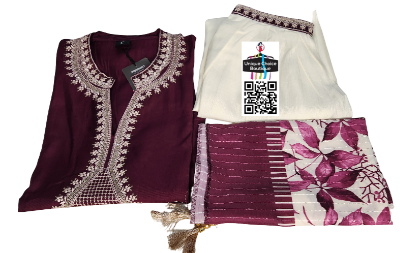 Purple and White Kurti Pant Dupatta Set, 3pc Salwar Suit Set