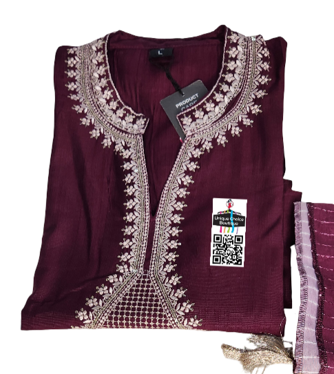 Purple and White Kurti Pant Dupatta Set, 3pc Salwar Suit Set