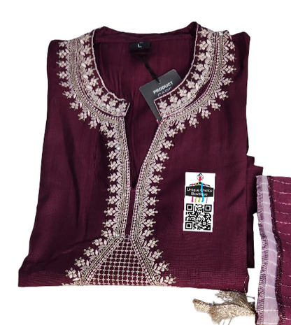 Purple and White Kurti Pant Dupatta Set, 3pc Salwar Suit Set