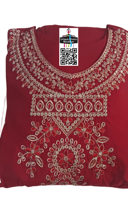 Maroon Red 3pc Stitched Salwar Suit Roman Silk Partywear with Handbag– Kurti, Pant, Dupatta Set