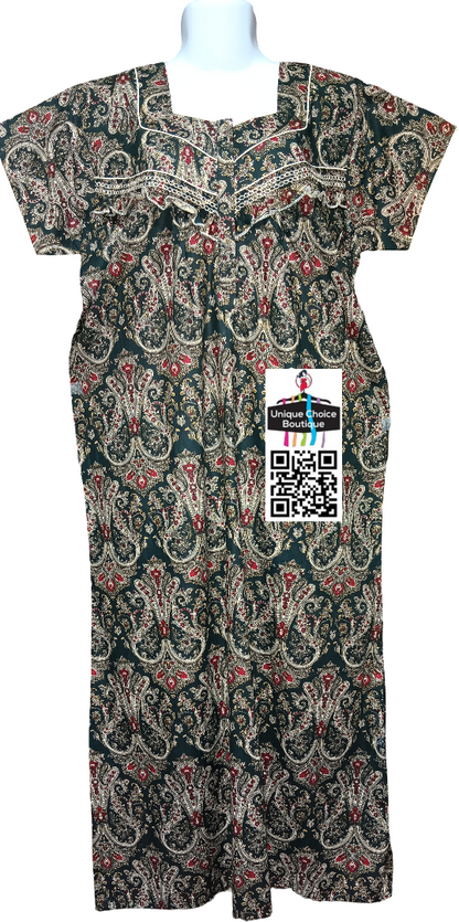 Paisley design Cotton Feeding Nighty/ Maternity Dress with 3 Zips| Dark Green with Cream | Free Size