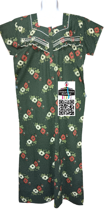 Cotton Feeding Nighty/ Maternity Dress with 3 Zips| Dark Green Floral | Free Size