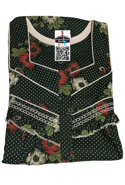 Cotton Feeding Nighty/ Maternity Dress with 3 Zips| Dark Green Floral | Free Size