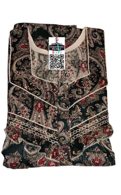 Paisley design Cotton Feeding Nighty/ Maternity Dress with 3 Zips| Dark Green with Cream | Free Size