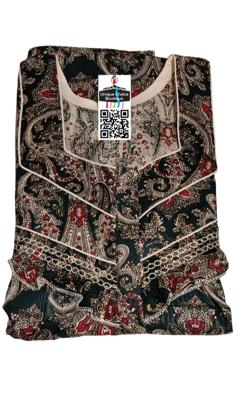 Paisley design Cotton Feeding Nighty/ Maternity Dress with 3 Zips| Dark Green with Cream | Free Size
