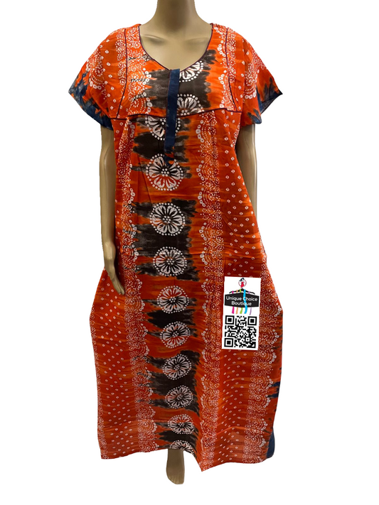 Orange & Black Floral Tie-Dye Cotton Nighty