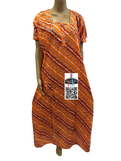 Orange & White Cotton Nighty with Stripes