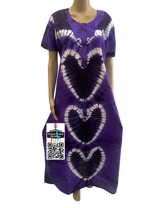 Purple Tie-Dye Chungudi Cotton Nighty with Heart Print