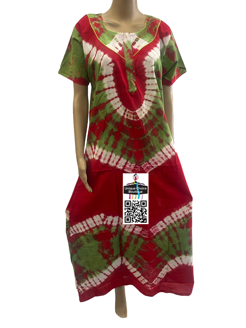 Red & Green Tie-Dye Chungudi Cotton Nighty