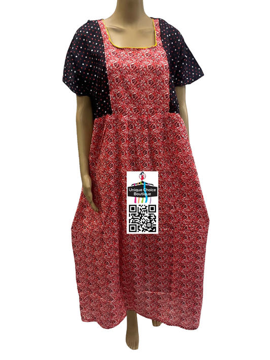 Casual Cotton Frock Nighty with Polka Dot Sleeves-Red
