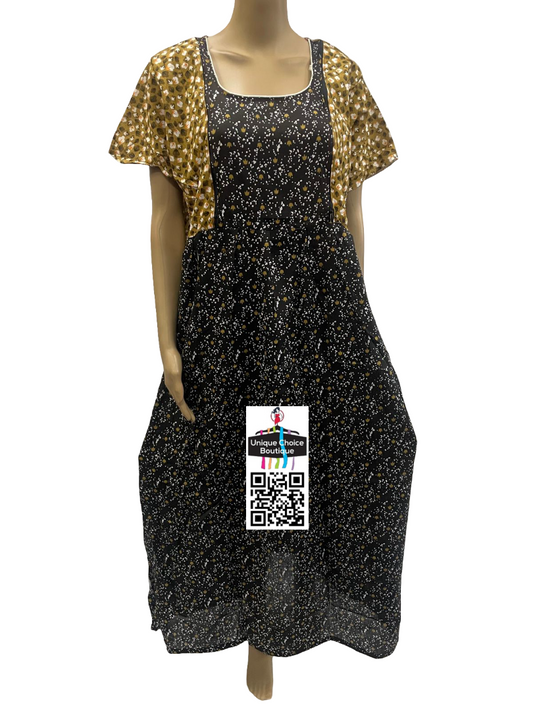 Women's Floral Print Cotton Frock Nighty - Black & Gold