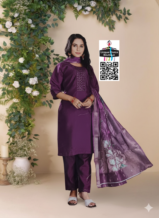 Purple Roman Silk Kurti Pant Dupatta Set, 3pc Salwar Suit Set