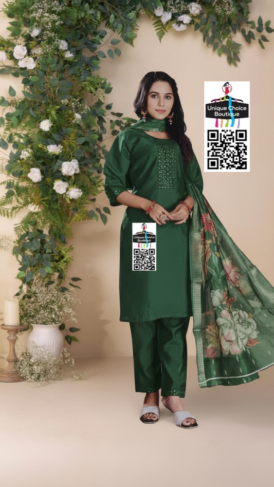 Green Roman Silk Kurti Pant Dupatta Set, 3pc Salwar Suit Set