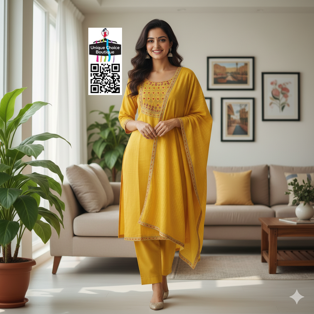 Yellow Kurti Pant Dupatta Set, 3pc Salwar Suit Set, Plus Size