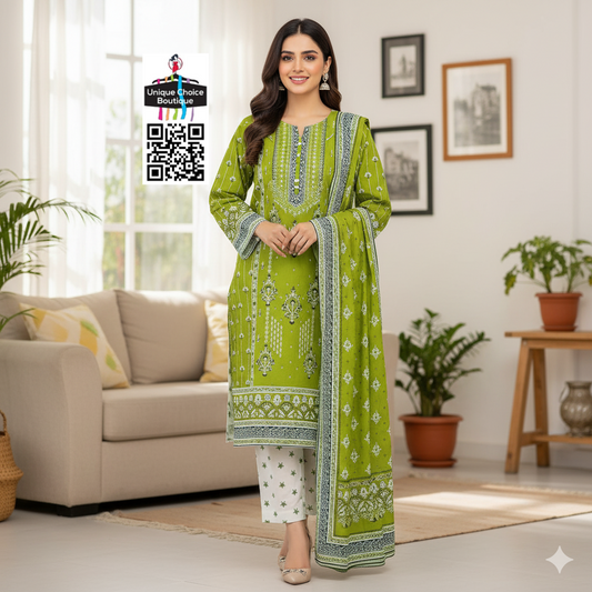 Stitched 3pc Green White Pakistani Lawn Suit, 3pc Salwar Suit Set