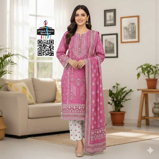 Stitched 3pc Pink White Pakistani Lawn Suit, 3pc Salwar Suit Set