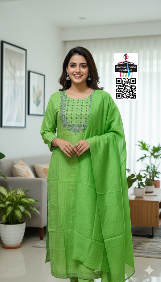 Green Kurti Pant Dupatta Set, 3pc Salwar Suit Set