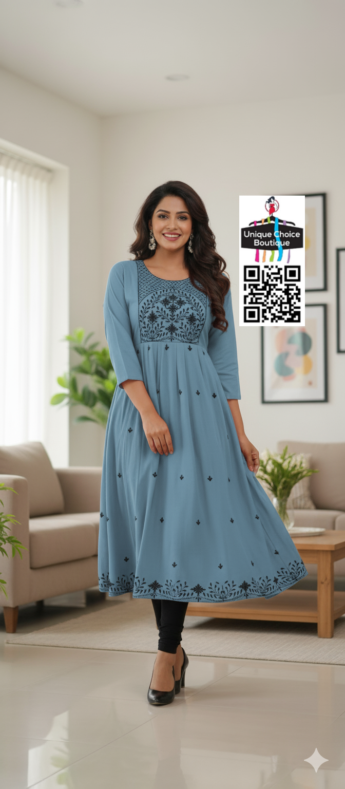 Rayon Alia Cut Anarkali Kurti with floral embroidery