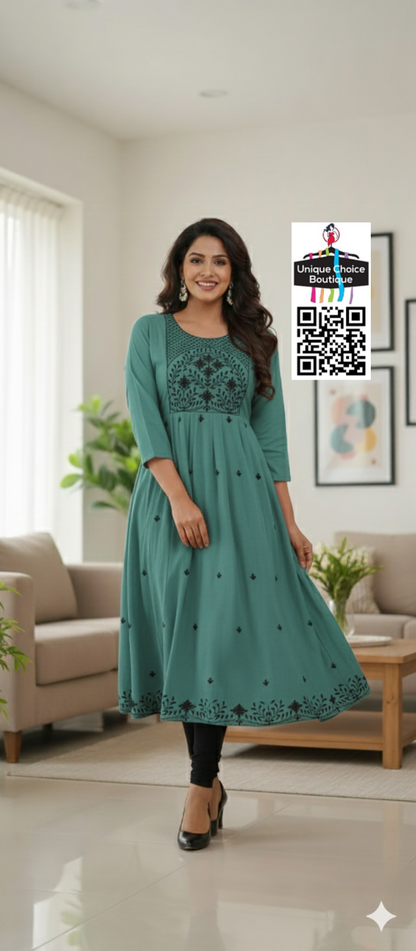 Rayon Alia Cut Anarkali Kurti with floral embroidery
