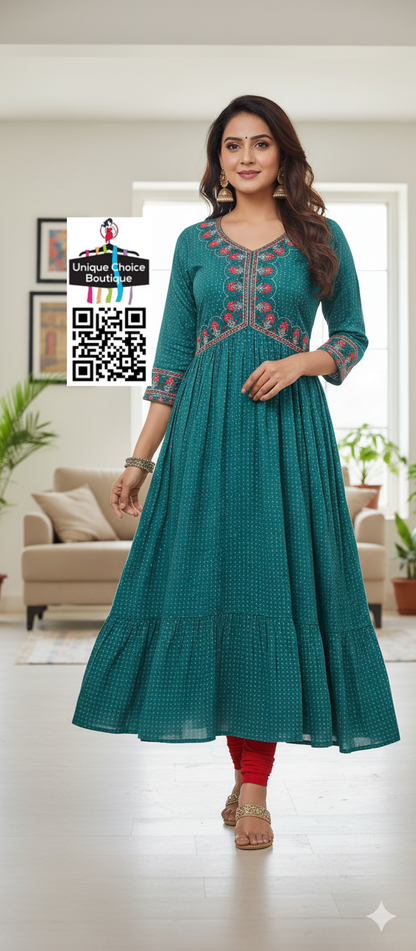 Alia Cut Anarkali Kurti Embroidery Rayon Print