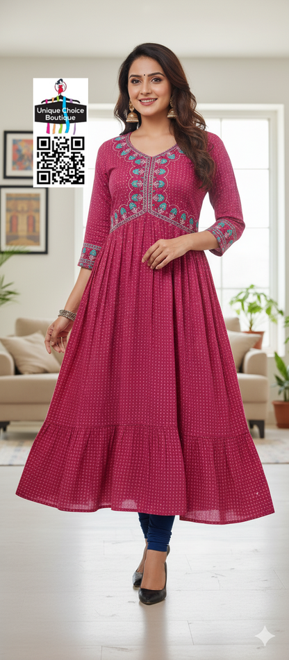 Alia Cut Anarkali Kurti Embroidery Rayon Print