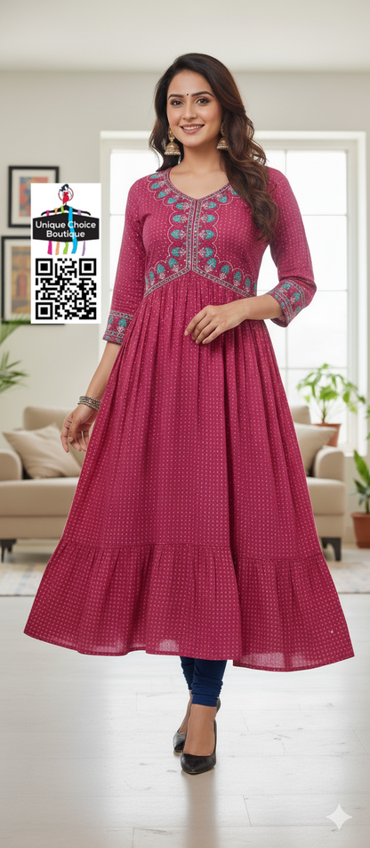 Alia Cut Anarkali Kurti Embroidery Rayon Print
