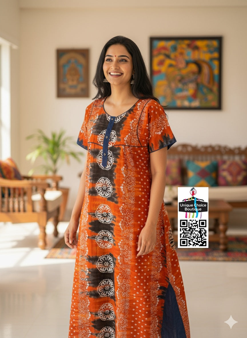 Orange & Black Floral Tie-Dye Cotton Nighty