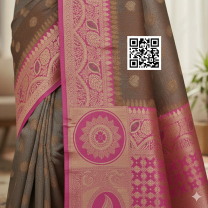 Budget Friendly Banarasi Silk Saree Grey/Chocolate Brown Dual Shade with Pink border