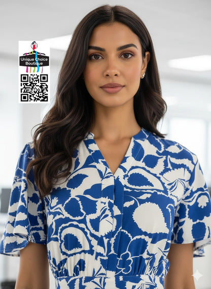 Blue & White Floral Printed A-Line Dress