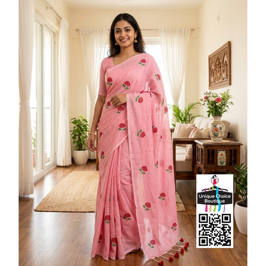 Pink Pure Khadi Cotton Embroidery Saree