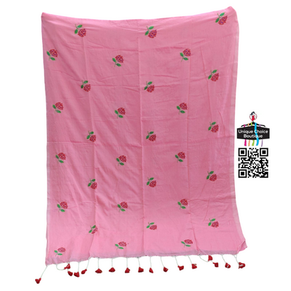 Pink Pure Khadi Cotton Embroidery Saree