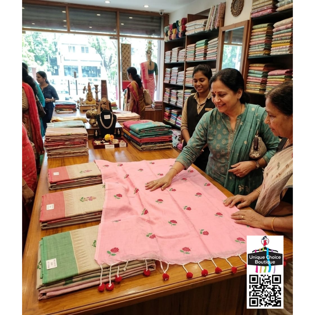 Pink Pure Khadi Cotton Embroidery Saree