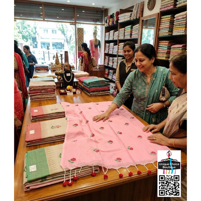 Pink Pure Khadi Cotton Embroidery Saree