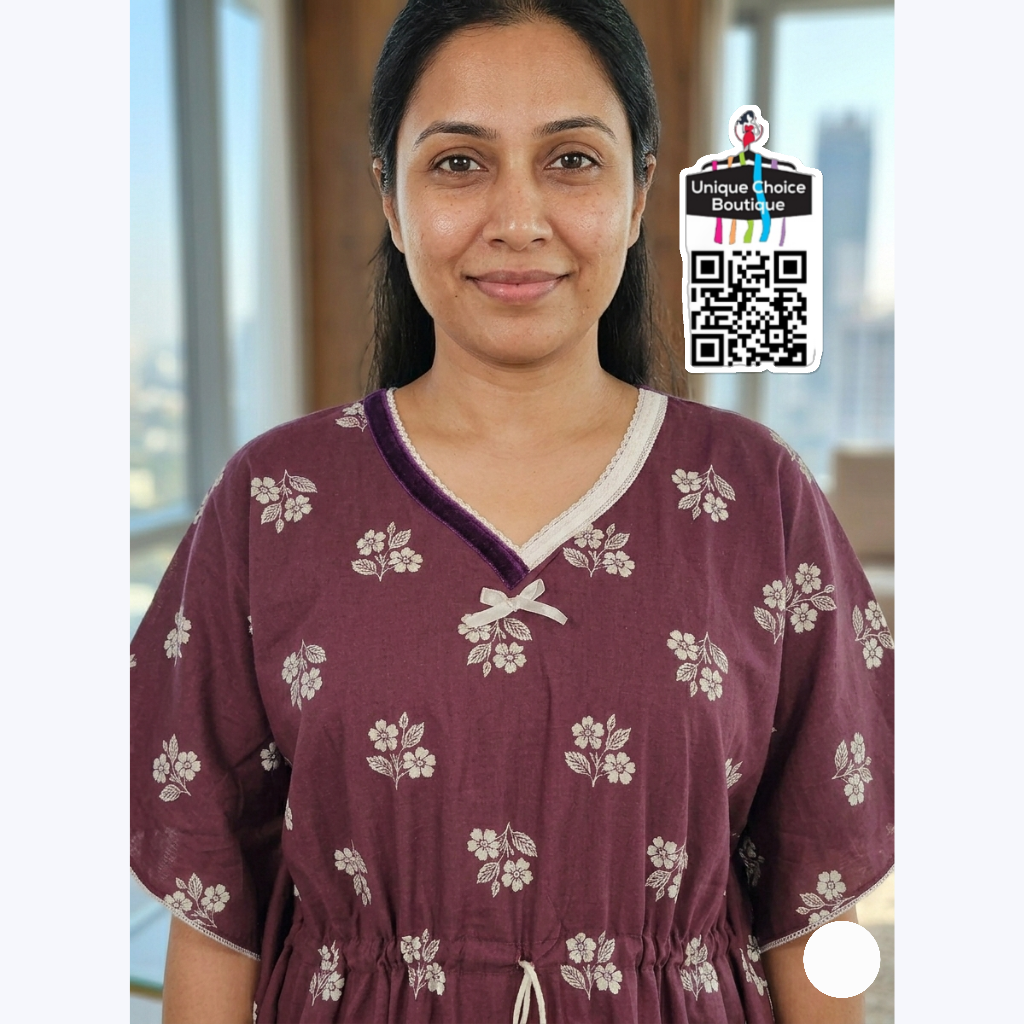 Luxurious Pure Cotton Kaftan Nighty – Burgundy and white floral print