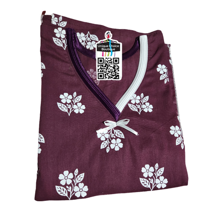 Luxurious Pure Cotton Kaftan Nighty – Burgundy and white floral print