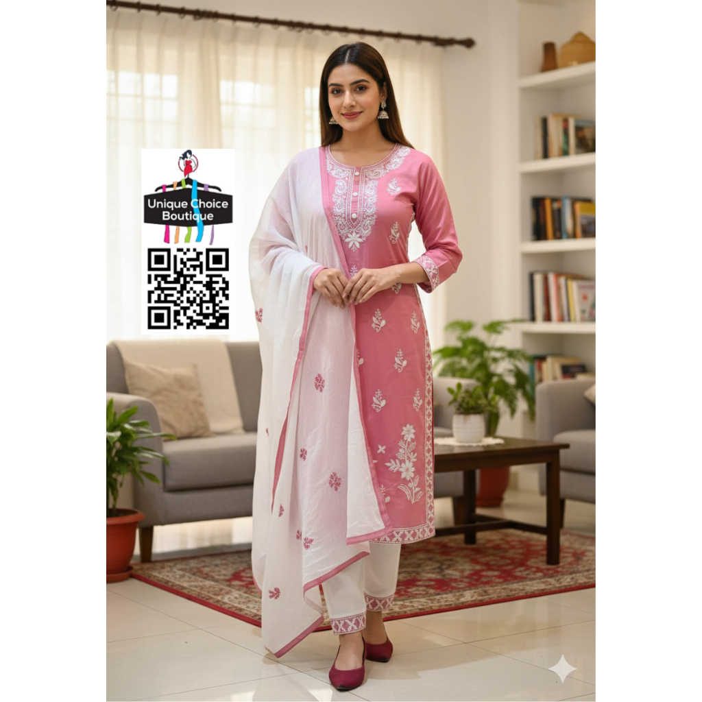 Pink and White Lucknowi Chikankari Kurti Pant Dupatta Set, 3pc Salwar Suit Set