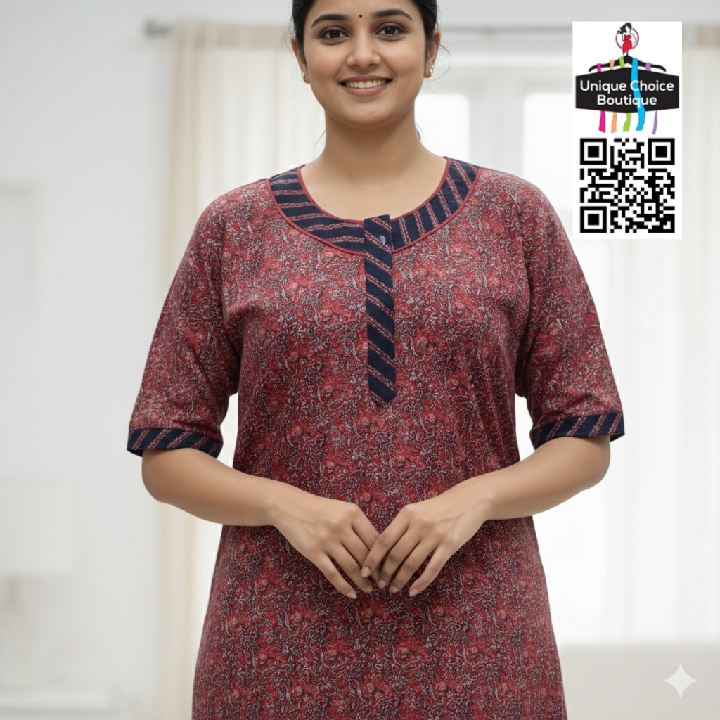 Cotton Nighty with Zip, Nightgown-Red