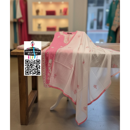 Pink and White Lucknowi Chikankari Kurti Pant Dupatta Set, 3pc Salwar Suit Set