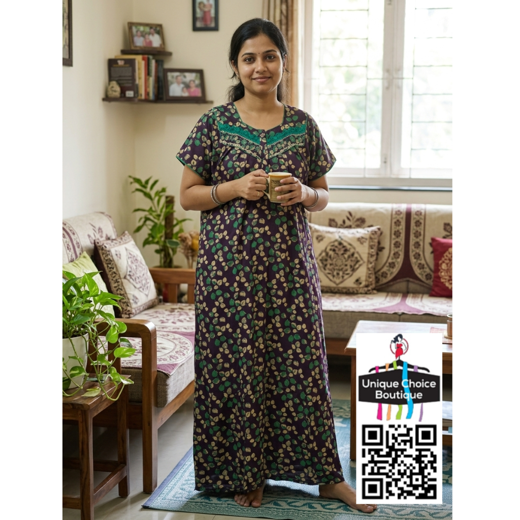 Premium Pure Cotton Nighty – Deep plum with leaf-motif print